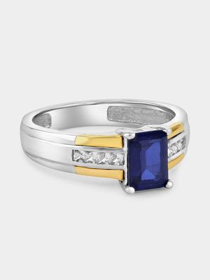 Yellow Gold & Sterling Silver Diamond & Created Blue Sapphire Rectangle Ring