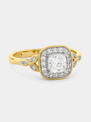 Yellow Gold, Cubic Zirconia Cushion Halo Ring