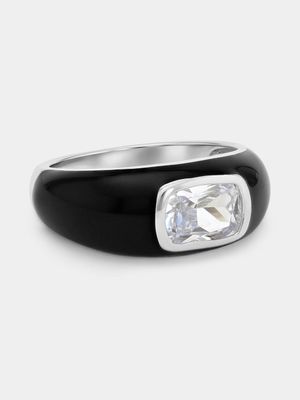 Sterling Silver Cubic Zirconia Black Enamel Domed Ring