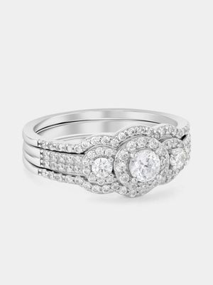 Sterling Silver Cubic Zirconia Round Halo Trilogy Triple Set Ring