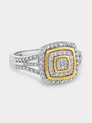 Yellow Gold & Sterling Silver Diamond Cushion Double Halo Ring