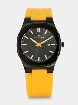 Ferro Men’s Black Plated Black Dial Yellow Rubber Watch