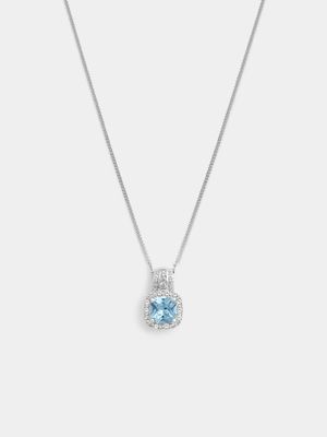 Sterling Silver Diamond & Created Aquamarine Cushion Halo Pendant