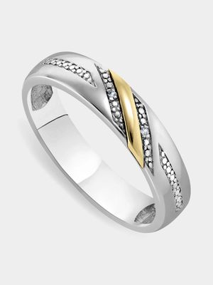 Yellow Gold & Sterling Silver Men's Beaded & Diamond Wedding Band