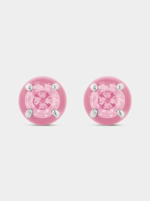 Sterling Silver Pink Cubic Zirconia Enamel Stud Earrings