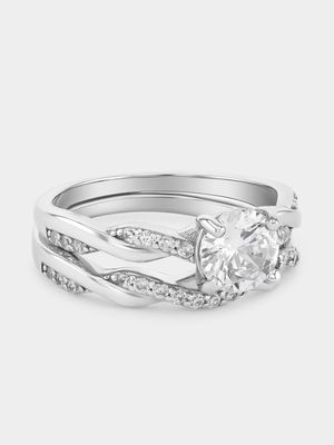 Sterling Silver Cubic Zirconia Solitaire Twisted Twinset Ring