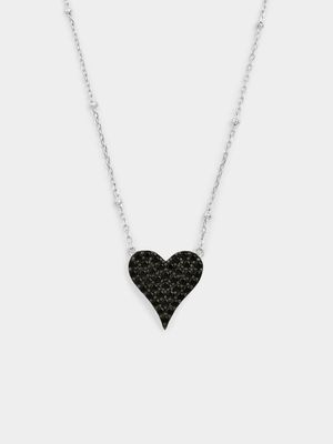 Sterling Silver Black Cubic Zirconia Sideways Heart Pendant