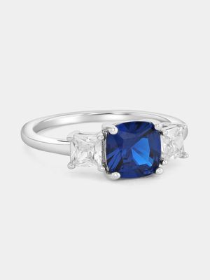 Sterling Silver Sapphire Blue Cubic Zirconia Princess Trilogy Ring