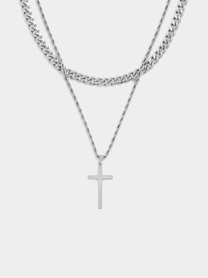 Stainless Steel Layered Curb & Rope Chain Cross Pendant