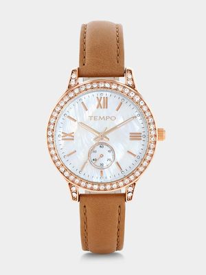 Tempo Rose Plated Mother Of Pearl Dial Sand Leather Watch