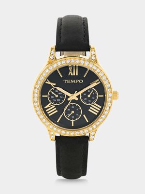 Tempo Gold Plated Black Dial Black Leather Watch