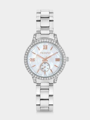 Tempo Silver Plated White Mother Of Pearl Dial Bracelet Watch