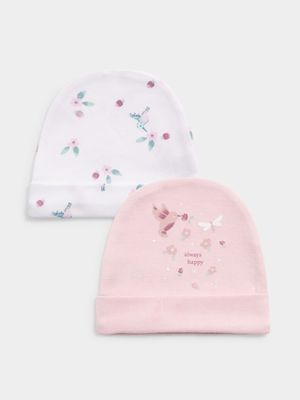 Jet Infant Girls Pink/White 2 Pack Always Happy Floral Beanies