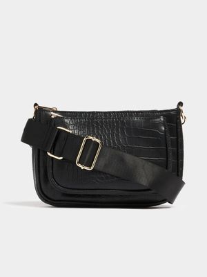 Women's Black Faux Croc Crossbody Bag