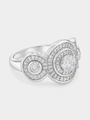 Cheté Sterling Silver Cubic Zirconia Round Trilogy Halo Ring