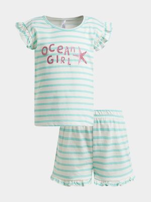 Older Girl's Green Striped Sleepwear Set