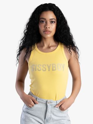 Women's Sissy Boy Yellow Rib Knit Bling Logo Racer Vest