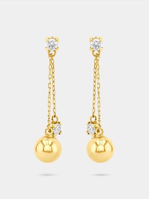 Yellow Gold Cubic Zirconia and Ball design Drop Earrings