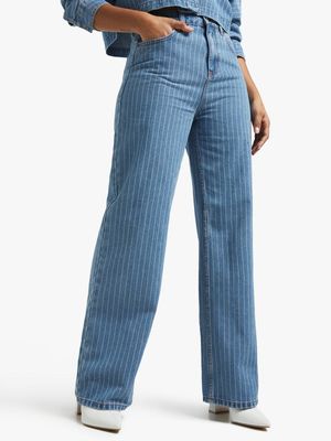 Women's Light Wash Denim Pinstripe Wide Leg Jeans