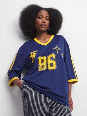 Women's Navy Birdseye Graphic Top With Yellow Tipping