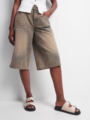 Women's Brown Wash Bermuda Denim Shorts