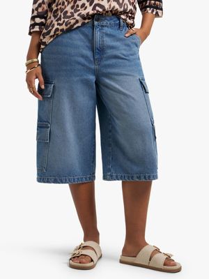 Women's Light Wash Denim Utility Shorts