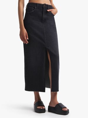 Women's Black Denim Midi Skirt With Slit