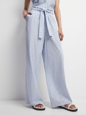 Women's Blue Stripe Co-Ord Pants With Belt