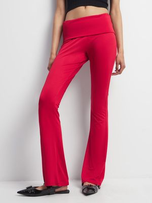 Women's Red Flared Pants With Fold Over Waistband