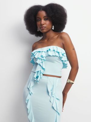 Women's Blue Co-Ord Bandeau Top With Ruffles