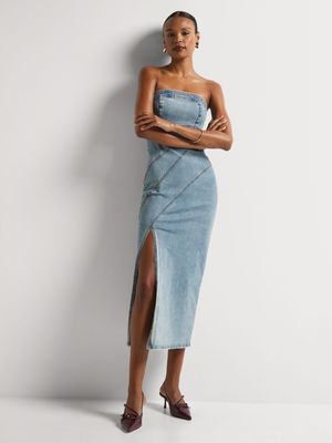 News Denim Panelled Boobtube Dress