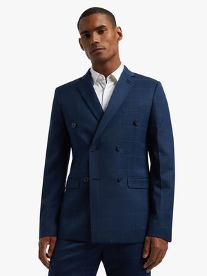 Men's Markham Slim Double Breasted Windowpane Check Navy Suit Jacket