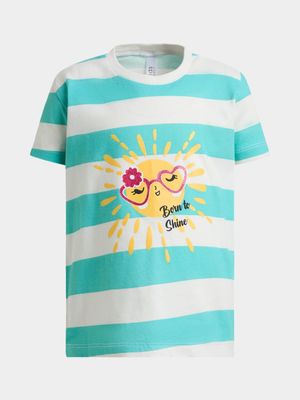 Younger Girl's Green Striped Graphic Print T-Shirt