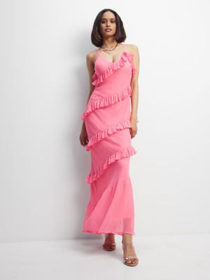 Women's Pink Ruffle Maxi Dress