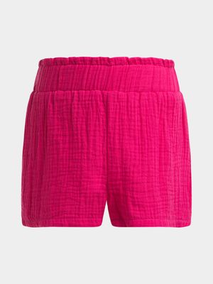 Older Girl's Bright Pink  Crinkle Shorts