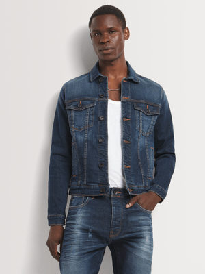 Dark blue denim jacket mens best sale