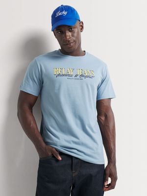 Men's Relay Jeans Slim Fit Contrast Slogan Dusty Blue Graphic T-Shirt