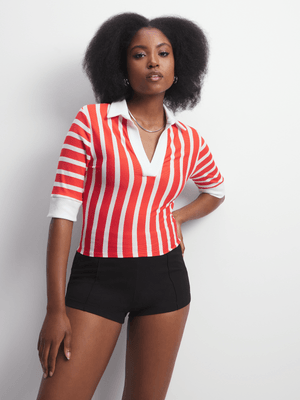 Women's Red & White Johnny Collar Top