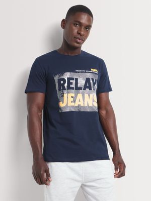 Men's Relay Jeans Slim Fit Fingerprint Branded Navy Graphic T-Shirt