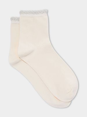 Women's Cotton On Cream Scalloped Mid Crew Socks