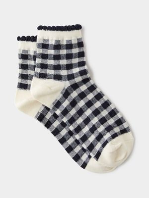 Women's Cotton On Navy Gingham Mid Crew Socks