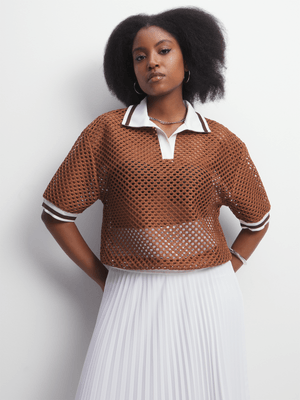 Women's Brown Crochet Top With White Collar