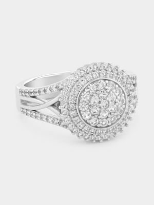 Sterling Silver Diamond Round Halo Sunray Ring