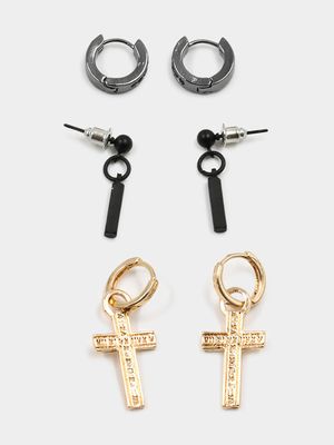 Men's Markham 3 Pack Roman Cross Huggy Multicolour Earrings