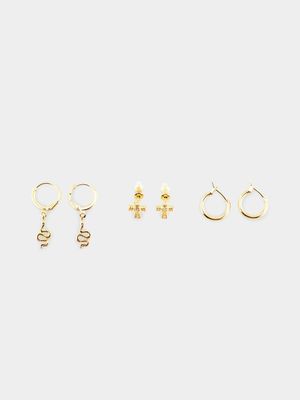 MKM Gold  3 Pack Cross And Snake Huggy Earring