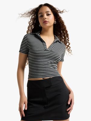 Women's Black & Grey Stripe Johnny Collar Top