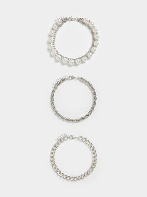 MKM Silver Pearl and Metal Chain Pack Bracelet