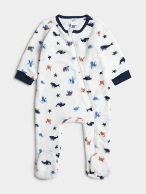 Jet Infant Boys White/Navy Sea Creatures Fleece Sleepsuit