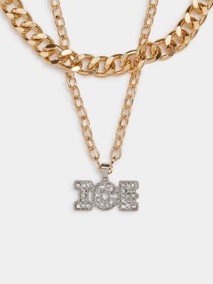 Men's Markham Ice Pendant Gold Necklace Set