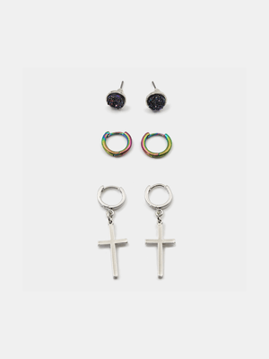 MKM Multicolour 3 Pack Cross And Petrol Huggy Earrings